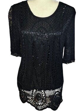Vintage Beaded Crochet Top Black XL Open Knit Goth Fairy Whimsigoth Evening Y2K